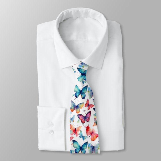 Colourful Watercolor Butterfly Rainbow Pattern Tie (Tied)