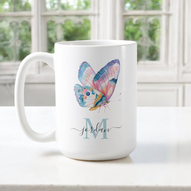 Colourful Watercolor Butterfly with Your Monogram Coffee Mug (Personalize with a name and monogram. Makes a great gift idea!)