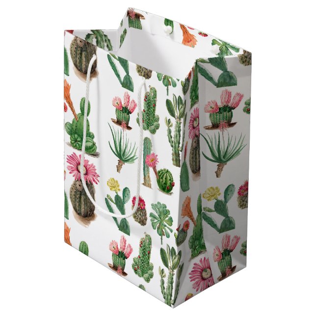 Colourful Watercolor Cactus & Succulents Flowers Medium Gift Bag (Front Angled)