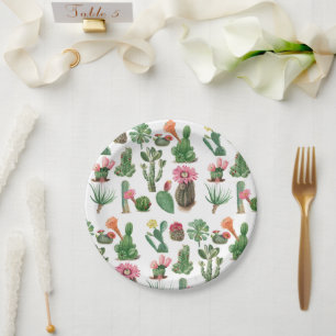 Colourful Watercolor Cactus & Succulents Flowers Paper Plate