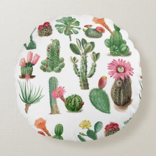 Colourful Watercolor Cactus & Succulents Flowers Round Cushion
