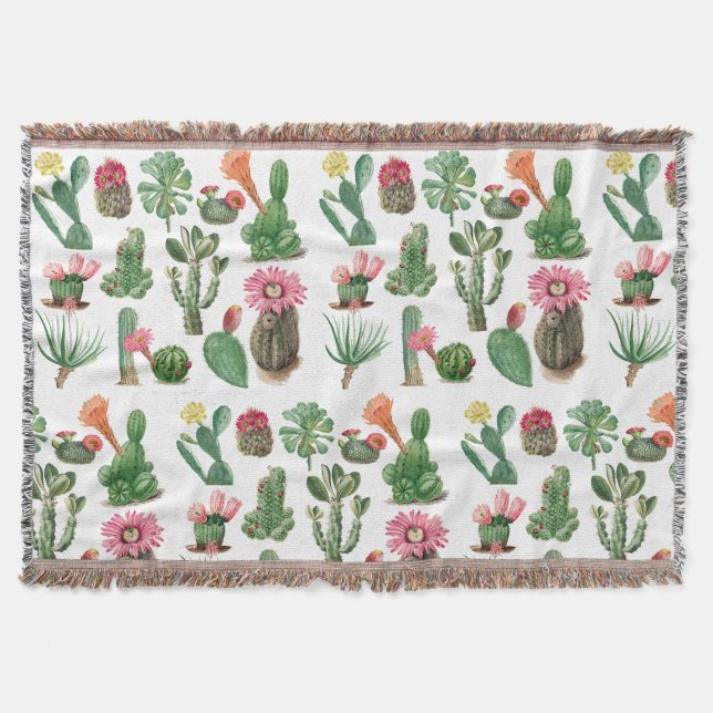 Colourful Watercolor Cactus & Succulents Flowers  Throw Blanket (Front)