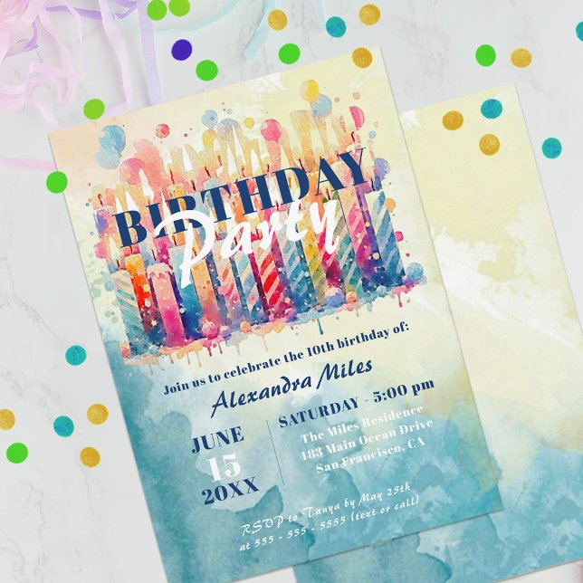 Colourful Watercolor Candles and Balloons Birthday Invitation (Creator Uploaded)