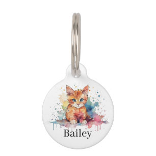 Colourful Watercolor Cat Splatter Art Pet Tag