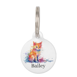 Colourful Watercolor Cat Splatter Art Pet Tag