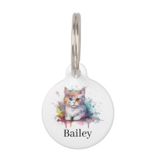 Colourful Watercolor Cat Splatter Art Pet Tag