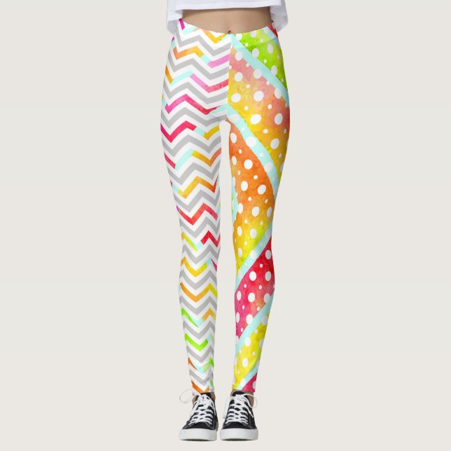 Colourful watercolor chevron, polka dot leggings (Front)
