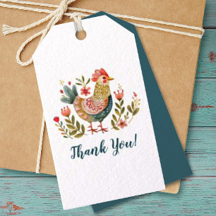 Colourful Watercolor Chicken Folk Art Thank You Gift Tags