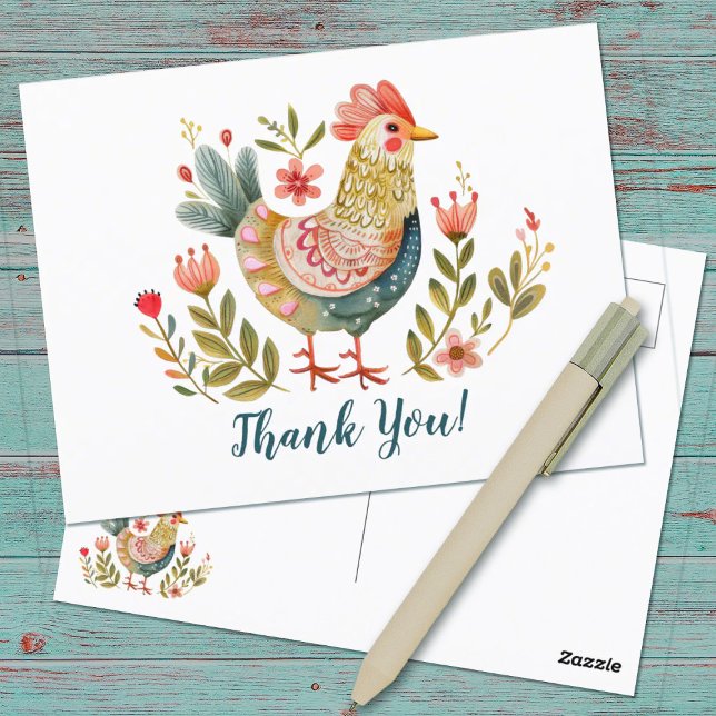 Colourful Watercolor Chicken Folk Art Thank You Postcard (A pretty watercolor folk art chicken thank you postcard.)