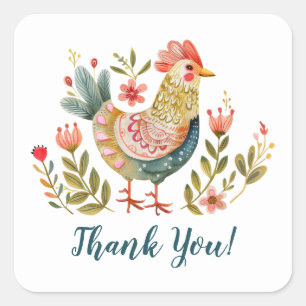 Colourful Watercolor Chicken Folk Art Thank You Square Sticker