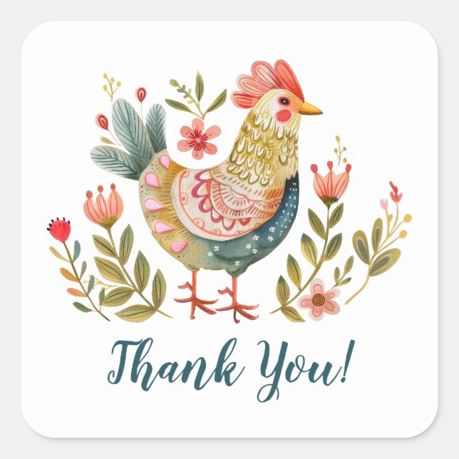Colourful Watercolor Chicken Folk Art Thank You Square Sticker (Front)