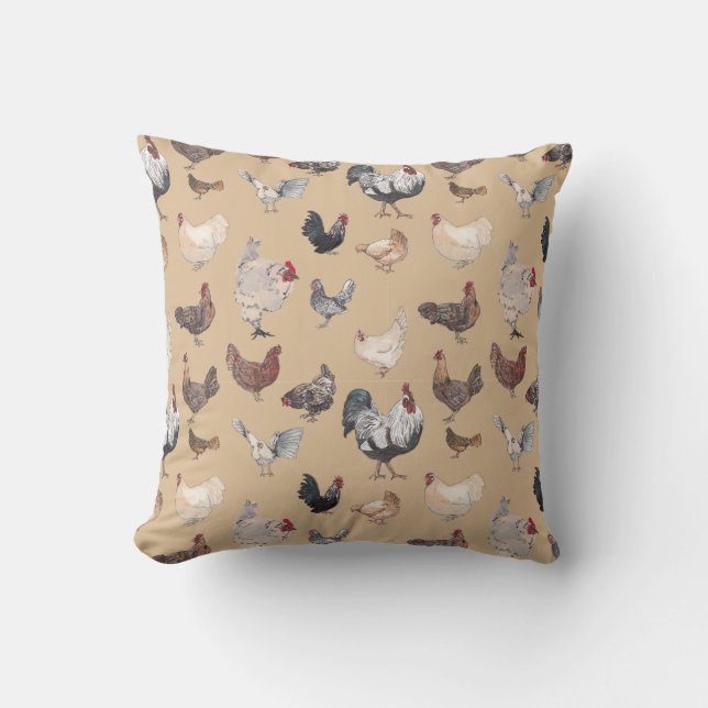 Colourful Watercolor Chicken Print Cushion (Front)