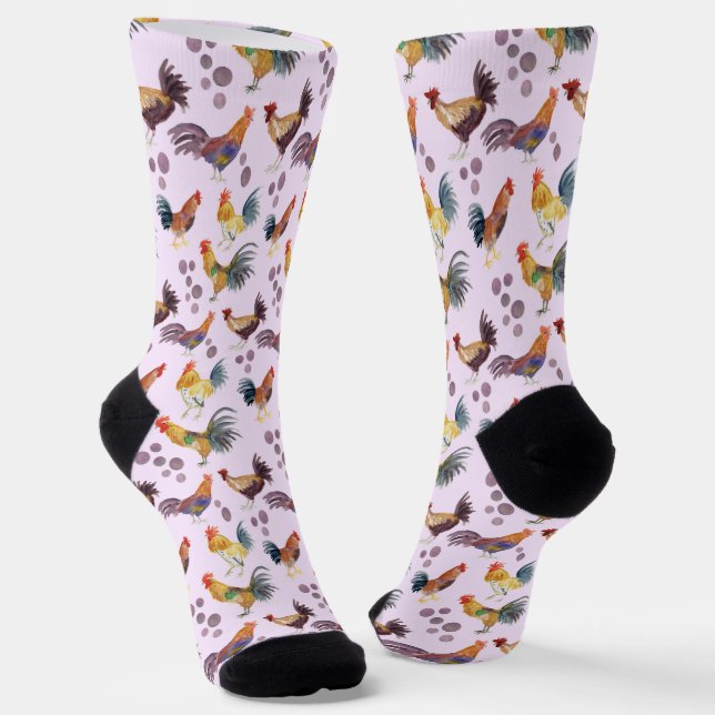 Colourful Watercolor Chickens & Eggs Barnyard Farm Socks (Angled)