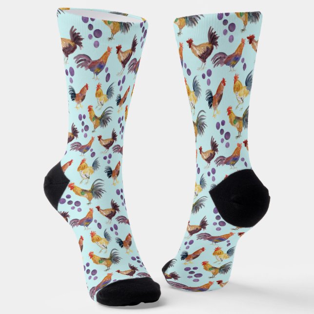Colourful Watercolor Chickens & Eggs Barnyard Farm Socks (Angled)