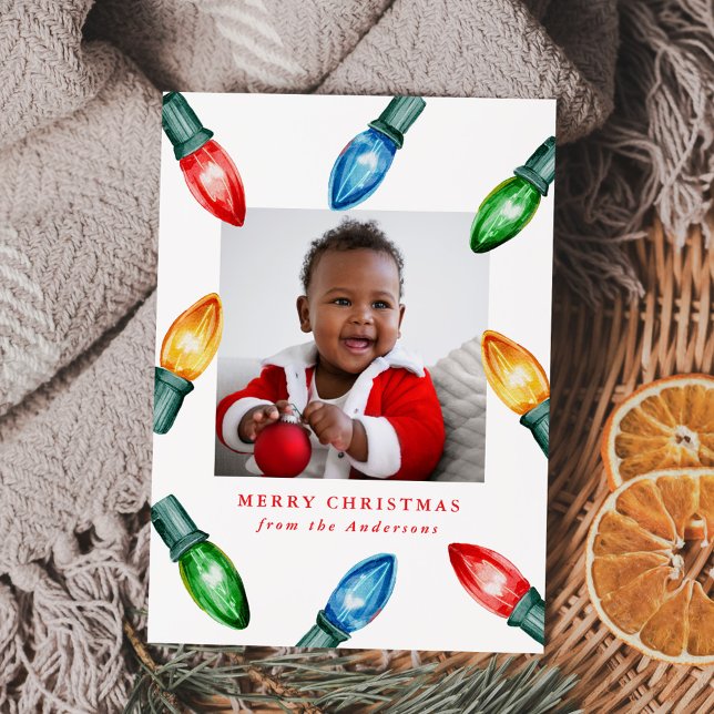 Colourful Watercolor Christmas Lights 3 Photo Holiday Card (Creator Uploaded)
