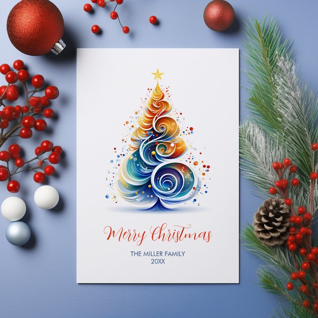 Colourful Watercolor Christmas Tree Customisable Holiday Card (Creator Uploaded)