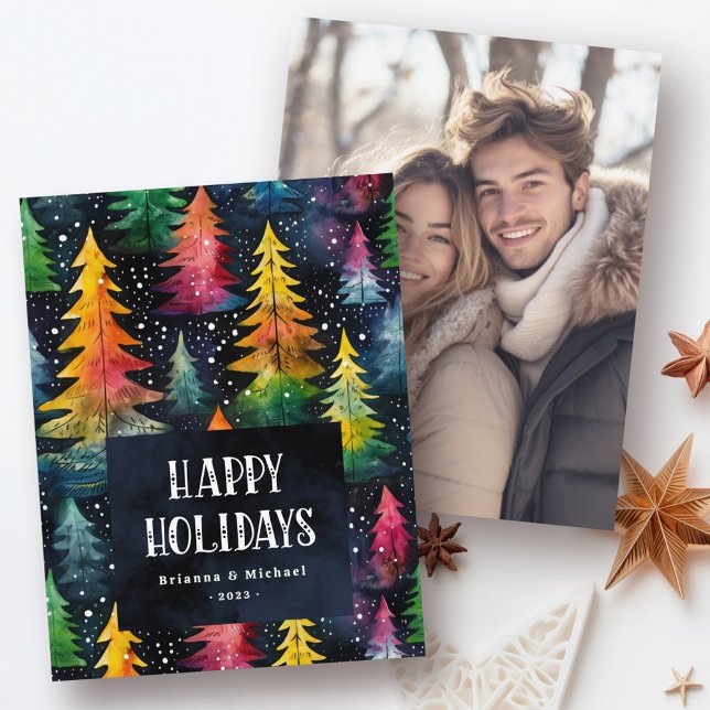 Colourful watercolor Christmas trees Happy Holiday Card (Colorful watercolor Christmas trees Happy Holidays Holiday Card)