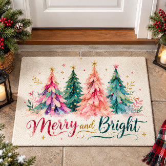 Colourful Watercolor Christmas Trees Merry & Brigh Doormat