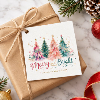 Colourful Watercolor Christmas Trees Merry & Brigh Favour Tags