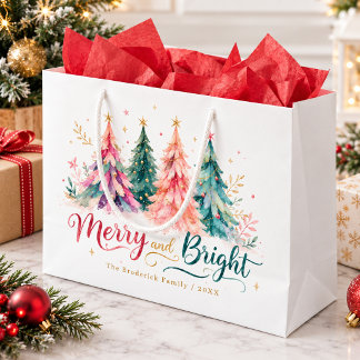 Colourful Watercolor Christmas Trees Merry & Brigh Large Gift Bag