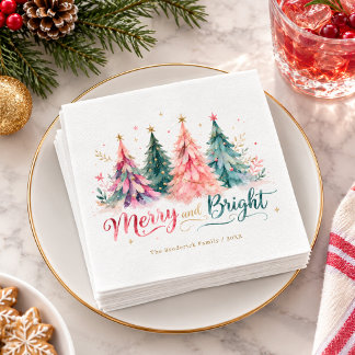 Colourful Watercolor Christmas Trees Merry & Brigh Napkin