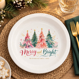 Colourful Watercolor Christmas Trees Merry & Brigh Paper Plate