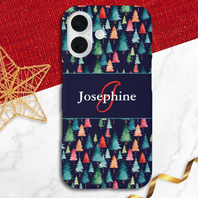 Colourful Watercolor Christmas Trees Monogrammed Case-Mate iPhone Case (A monogrammed festive phone case for the holiday season, patterned with colorful Christmas trees)
