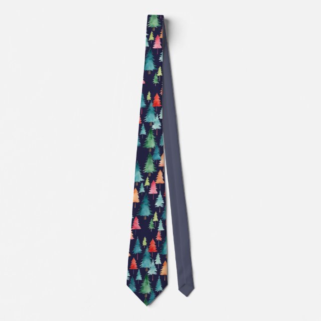 Colourful Watercolor Christmas Trees Personalised Tie (Front)