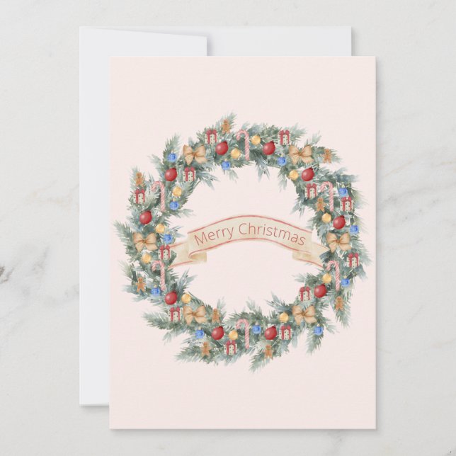 Colourful Watercolor Christmas Wreath Holiday Card (Front)