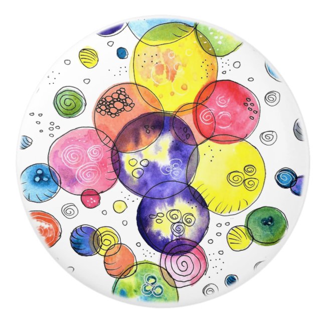 Colourful Watercolor Circles Abstract Ceramic Knob (Front)