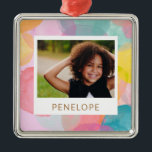 Colourful Watercolor Circles and Dots Name Photo Metal Tree Decoration<br><div class="desc">A sweet,  playful pattern of painted watercolor circles and dots in a rainbow of cute colours,  personalised with your name and photo. Contact me with any questions or requests.</div>