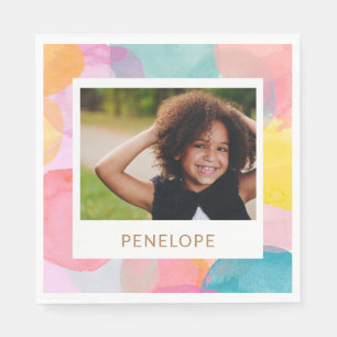 Colourful Watercolor Circles and Dots Name Photo  Napkin