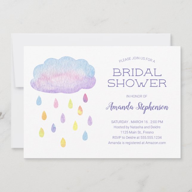 Colourful Watercolor Cloud Raindrops Bridal Shower Invitation (Front)