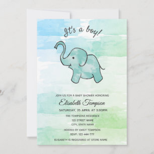Colourful watercolor cute elephant boy baby shower invitation