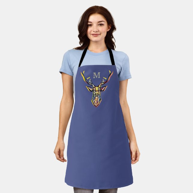 Colourful Watercolor Deer Head Art  Apron (Worn)