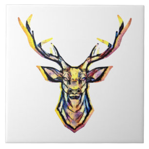 Colourful Watercolor Deer Head Art Tile