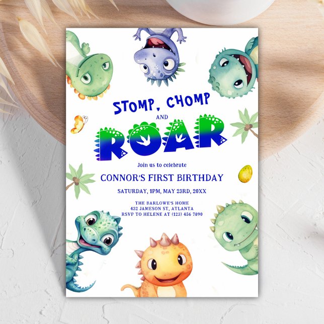 Colourful Watercolor Dinosaur First Birthday Party Invitation (Colorful Watercolor Dinosaur First Birthday Party Invitation)