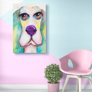 Colourful Watercolor Dog Basset Hound Green Blue Canvas Print
