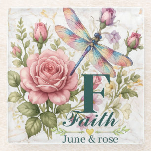 Colourful Watercolor Dragonfly & June Birth Flowe Glass Coaster