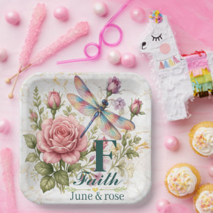 Colourful Watercolor Dragonfly & June Birth Flowe Paper Plate