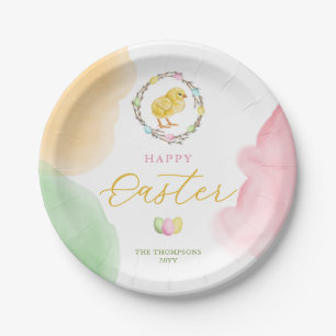 Colourful Watercolor Easter Chick In Willow Wreath Paper Plate