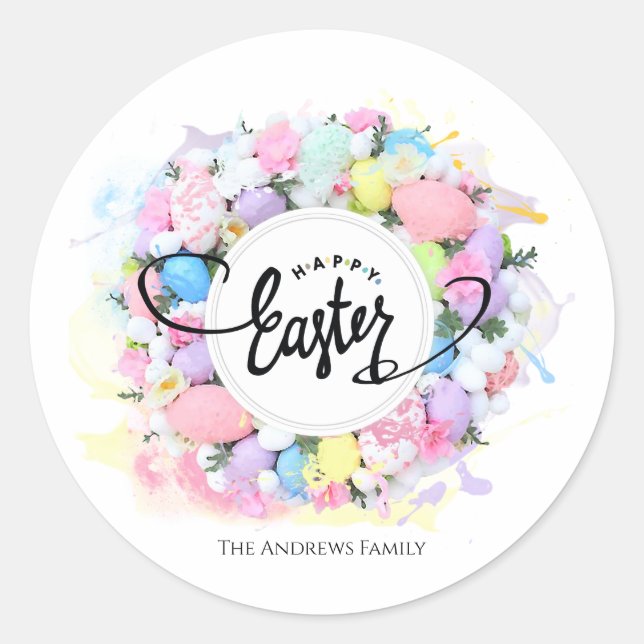 Colourful Watercolor Easter Wreath Calligraphy Classic Round Sticker (Front)