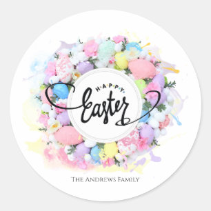 Colourful Watercolor Easter Wreath Calligraphy Classic Round Sticker