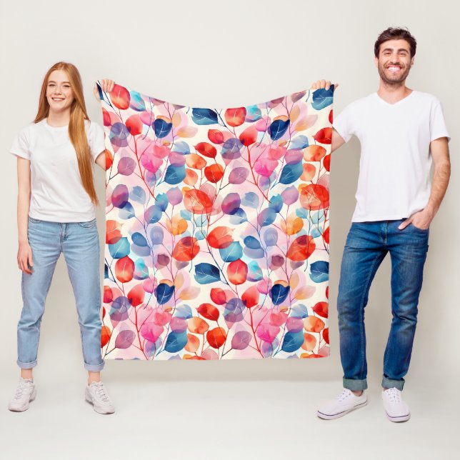  Colourful Watercolor Eucalyptus Leaves Fleece Blanket (In Situ)