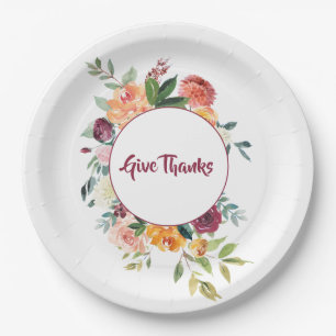 Colourful Watercolor Fall Floral Give Thanks Paper Plate