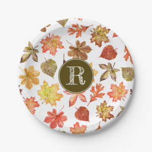 Colourful watercolor fall leaves pattern monogram paper plate