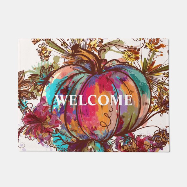 Colourful Watercolor Fall Pumpkin Thanksgiving Doormat (Front)