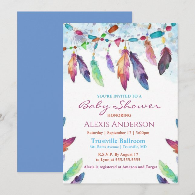 Colourful Watercolor Feathers Baby Shower Invitation (Front/Back)