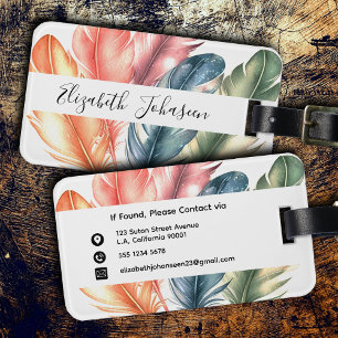 Colourful Watercolor Feathers Black Script Name Luggage Tag