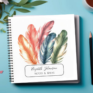 Colourful Watercolor Feathers Black Script Name Notebook